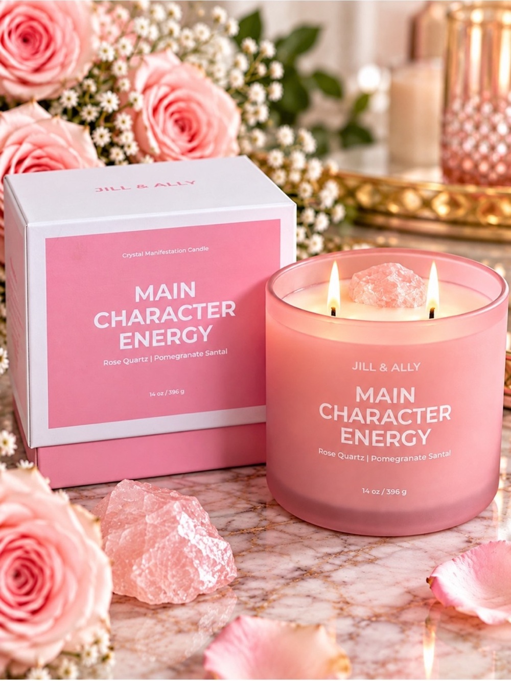 Jill & Ally Main Character Energy Rose Quartz Pomegranate Santal Candle 14oz